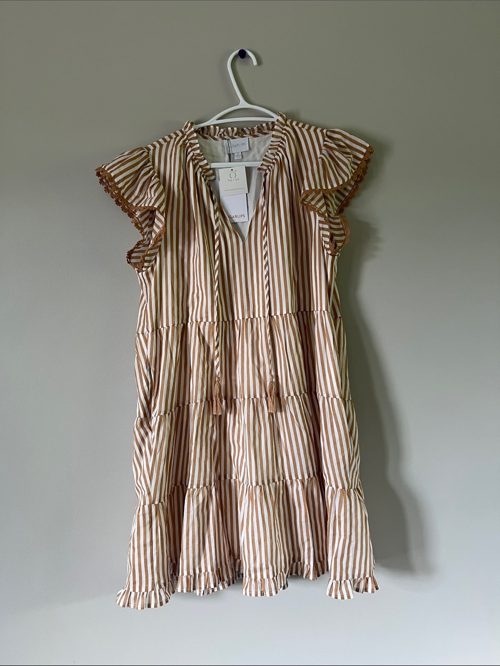 Sugarlips Vertical Stripe Tassel-Neck Dress in White & Brown